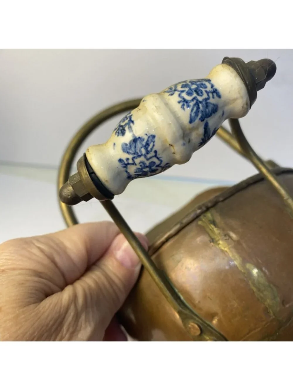Vintage Copper Brass Coal Scuttle Bucket Delft Handle Lion Head Small